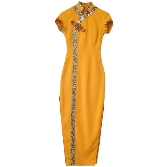Dresses & Skirts - Golden Brocade Mandarin Qipao Dress – Elegant Cheongsam style Formal Wear